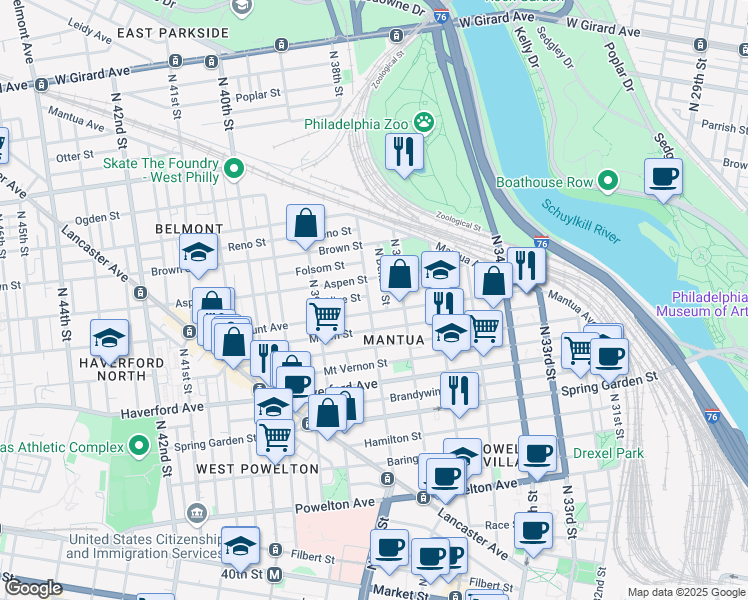 map of restaurants, bars, coffee shops, grocery stores, and more near 713 North 38th Street in Philadelphia