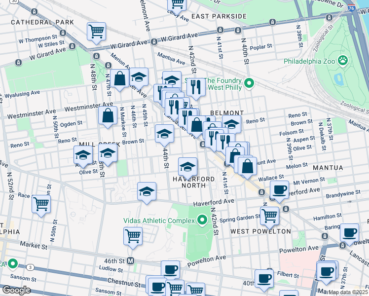 map of restaurants, bars, coffee shops, grocery stores, and more near 753 North 43rd Street in Philadelphia