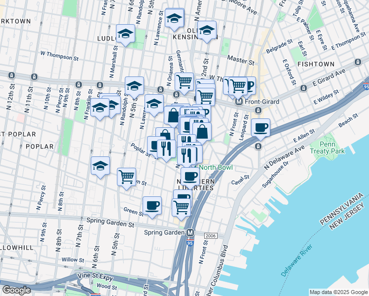 map of restaurants, bars, coffee shops, grocery stores, and more near 963 North American Street in Philadelphia