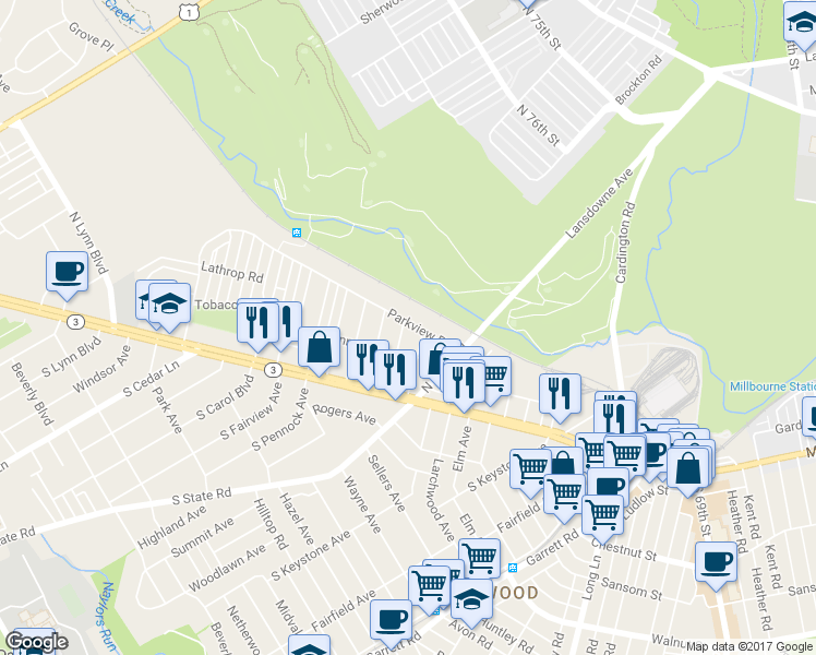 map of restaurants, bars, coffee shops, grocery stores, and more near 123 Harvin Road in Upper Darby