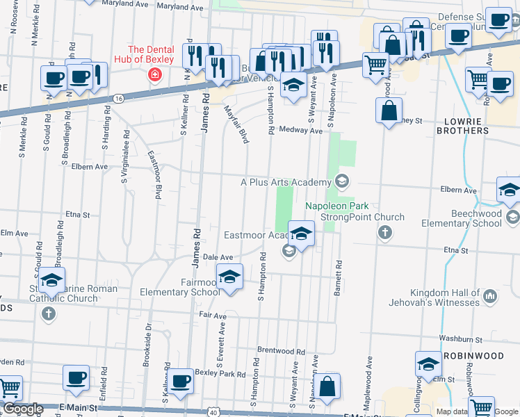 map of restaurants, bars, coffee shops, grocery stores, and more near 289 South Hampton Road in Columbus