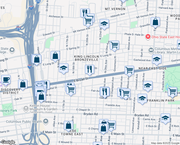 map of restaurants, bars, coffee shops, grocery stores, and more near 25 North 21st Street in Columbus