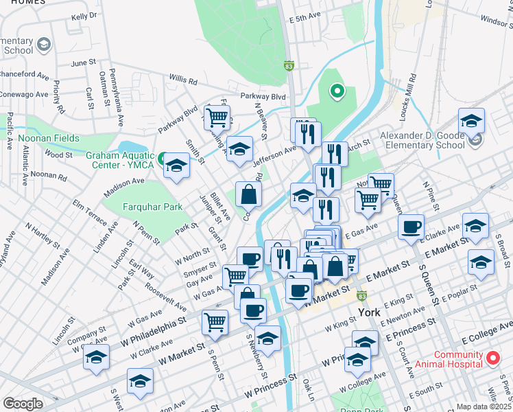 map of restaurants, bars, coffee shops, grocery stores, and more near 343 Cottage Hill Road in York