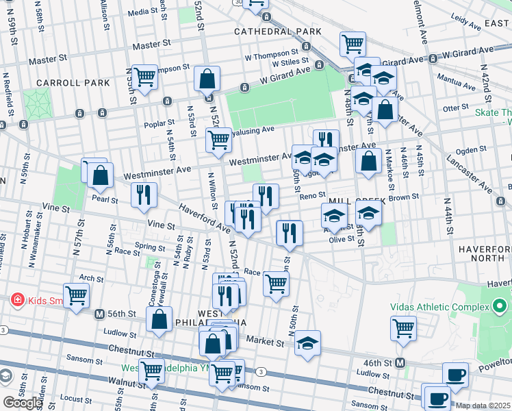 map of restaurants, bars, coffee shops, grocery stores, and more near 5121 Funston Street in Philadelphia