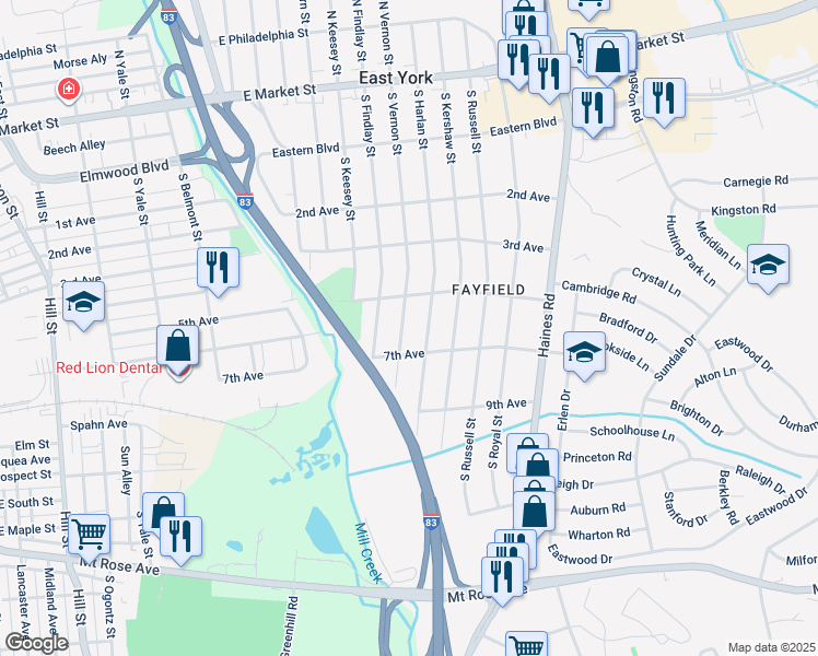 map of restaurants, bars, coffee shops, grocery stores, and more near 541 South Vernon Street in York