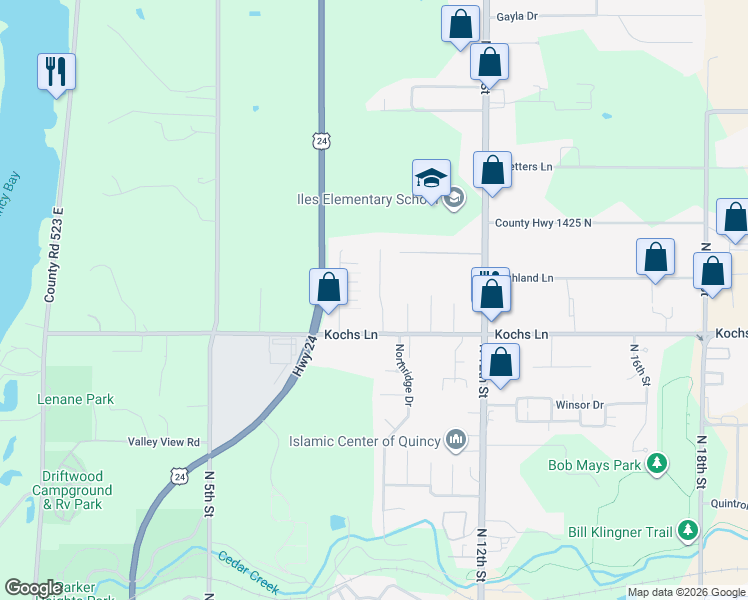 map of restaurants, bars, coffee shops, grocery stores, and more near 2825 Riverside Terrace in Quincy