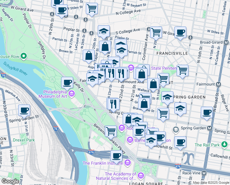 map of restaurants, bars, coffee shops, grocery stores, and more near 2216 Mount Vernon Street in Philadelphia