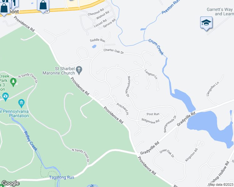 map of restaurants, bars, coffee shops, grocery stores, and more near 1206 Pritchard Place in Newtown Square