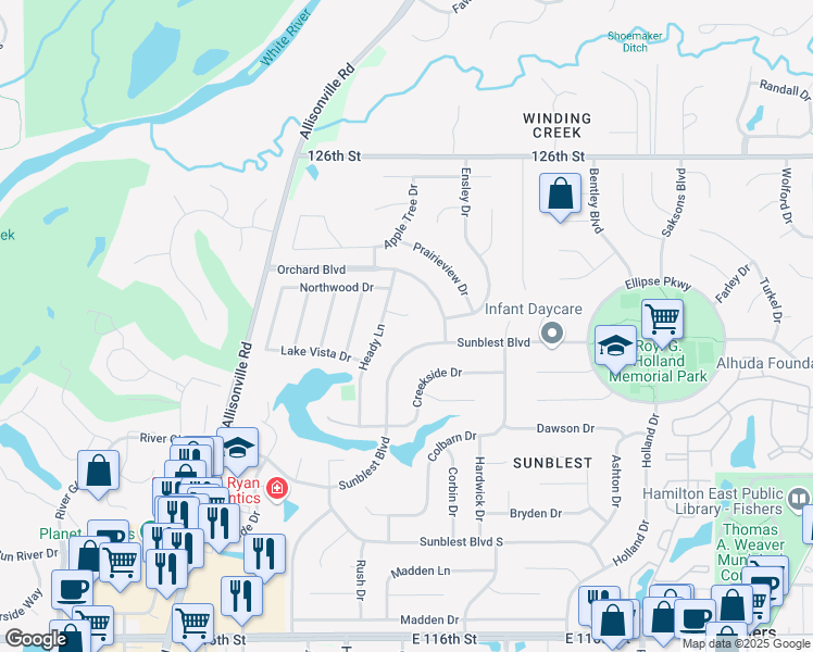map of restaurants, bars, coffee shops, grocery stores, and more near 103 Heady Court in Fishers