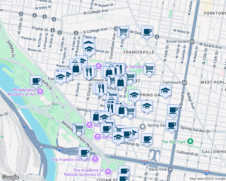 map of restaurants, bars, coffee shops, grocery stores, and more near 2002 Wallace Street in Philadelphia