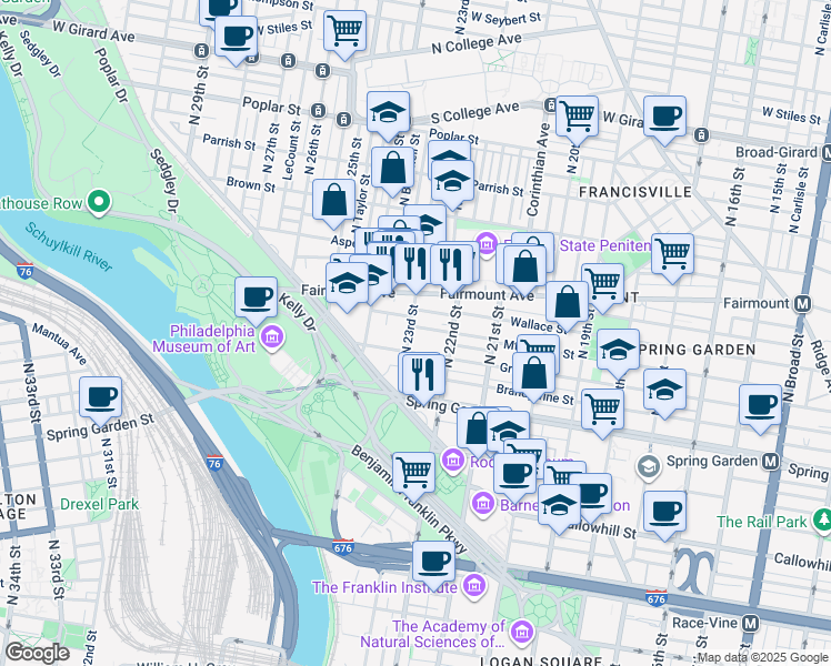 map of restaurants, bars, coffee shops, grocery stores, and more near 2236 Mount Vernon Street in Philadelphia