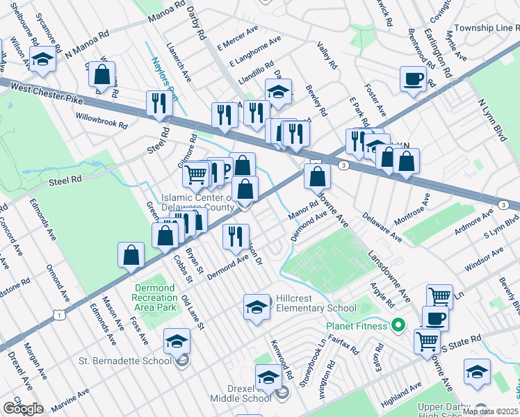 map of restaurants, bars, coffee shops, grocery stores, and more near 2411 David Drive in Havertown