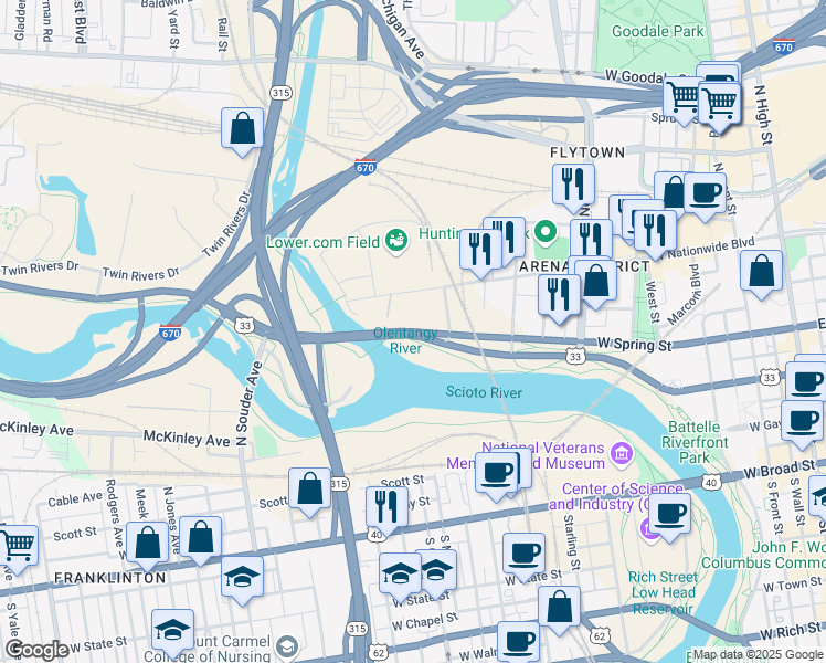map of restaurants, bars, coffee shops, grocery stores, and more near 550 West Spring Street in Columbus