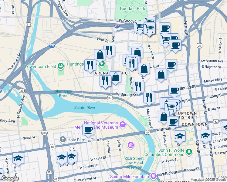 map of restaurants, bars, coffee shops, grocery stores, and more near 300 West Spring Street in Columbus