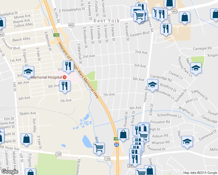 map of restaurants, bars, coffee shops, grocery stores, and more near 541 South Vernon Street in York