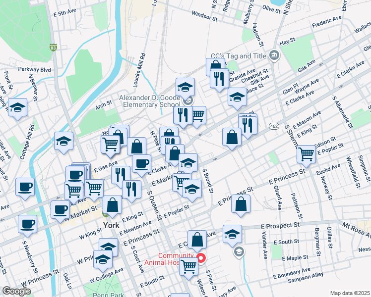 map of restaurants, bars, coffee shops, grocery stores, and more near 364 East Philadelphia Street in York