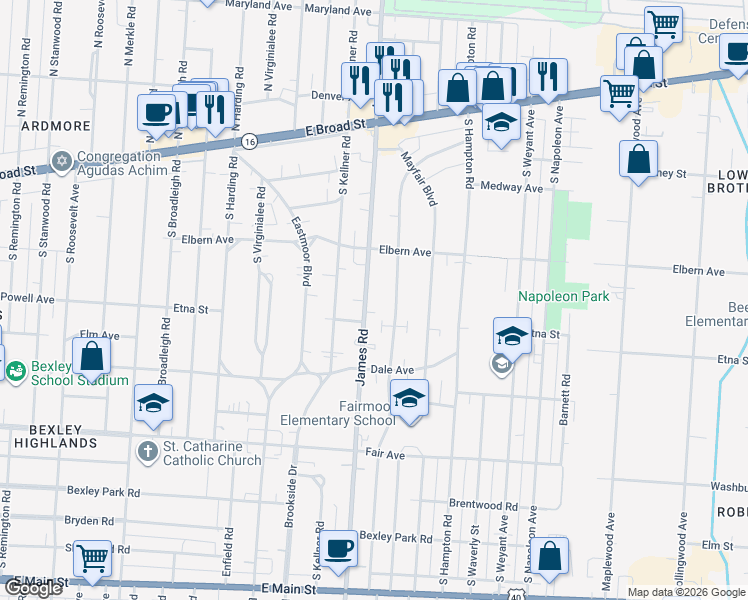 map of restaurants, bars, coffee shops, grocery stores, and more near 264 South James Road in Columbus