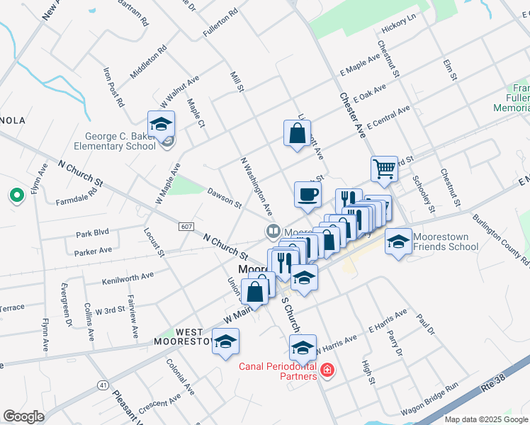 map of restaurants, bars, coffee shops, grocery stores, and more near 301 Dawson Street in Moorestown
