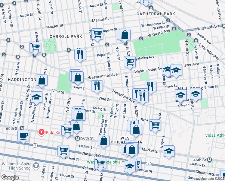 map of restaurants, bars, coffee shops, grocery stores, and more near Haverford Ave & N 54th St in Philadelphia