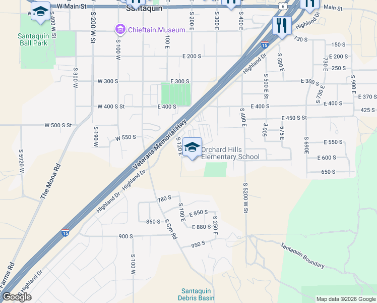 map of restaurants, bars, coffee shops, grocery stores, and more near 560 South Highland Drive in Santaquin