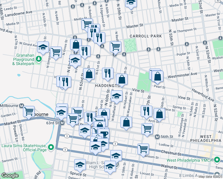map of restaurants, bars, coffee shops, grocery stores, and more near 230 North 60th Street in Philadelphia