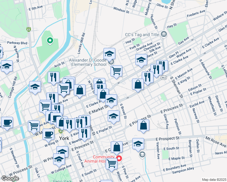 map of restaurants, bars, coffee shops, grocery stores, and more near 48 North Broad Street in York