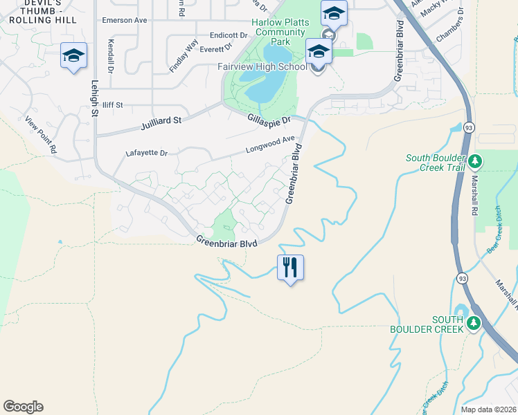map of restaurants, bars, coffee shops, grocery stores, and more near 3541 Smuggler Way in Boulder