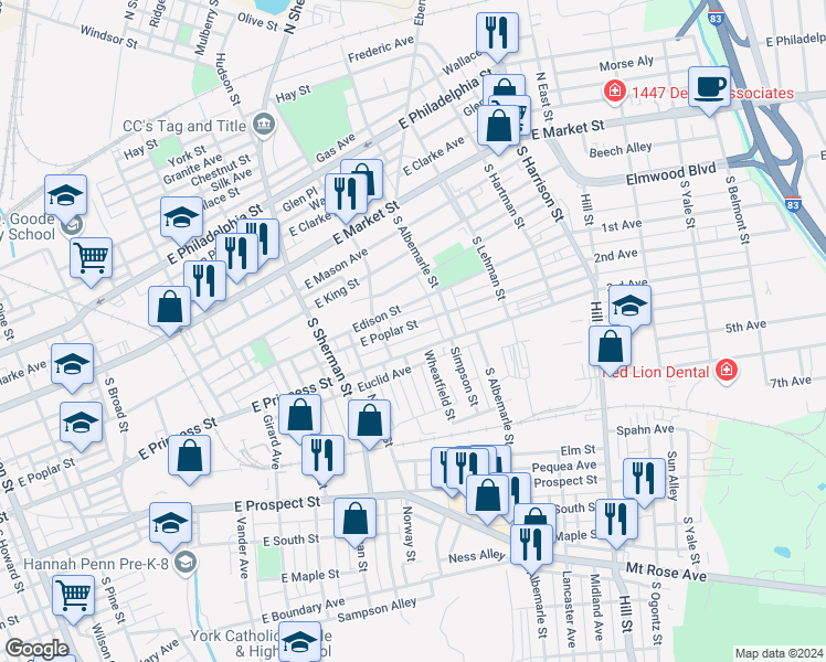 map of restaurants, bars, coffee shops, grocery stores, and more near 930 East Poplar Street in York