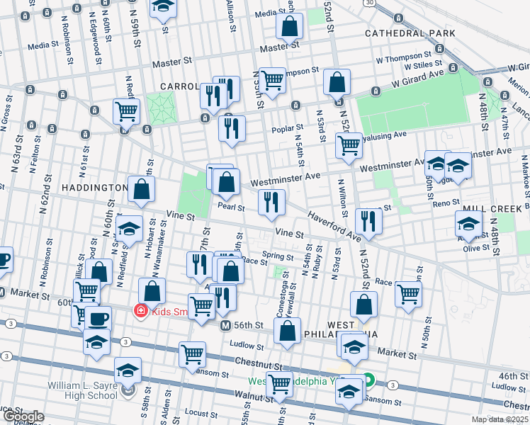 map of restaurants, bars, coffee shops, grocery stores, and more near 5522 Pearl Street in Philadelphia