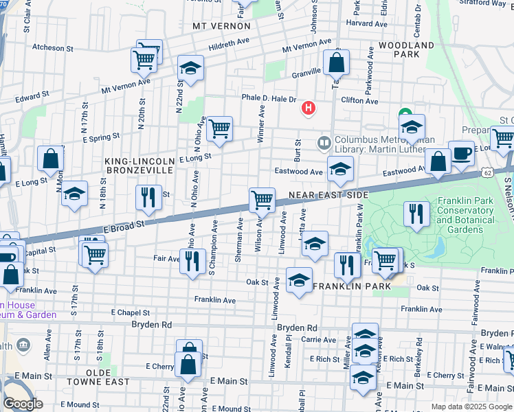 map of restaurants, bars, coffee shops, grocery stores, and more near E Broad St & Winner Ave in Columbus