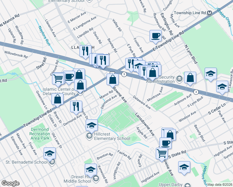 map of restaurants, bars, coffee shops, grocery stores, and more near 2200 Dermond Avenue in Delaware County