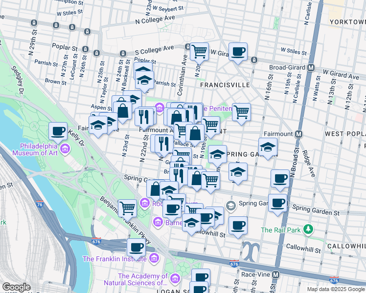 map of restaurants, bars, coffee shops, grocery stores, and more near 2002 Wallace Street in Philadelphia