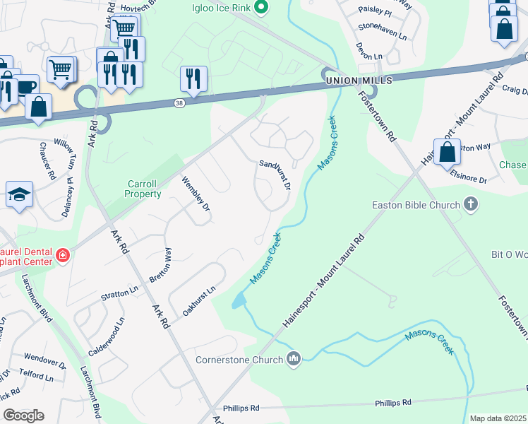 map of restaurants, bars, coffee shops, grocery stores, and more near 120 Sandhurst Drive in Mount Laurel Township