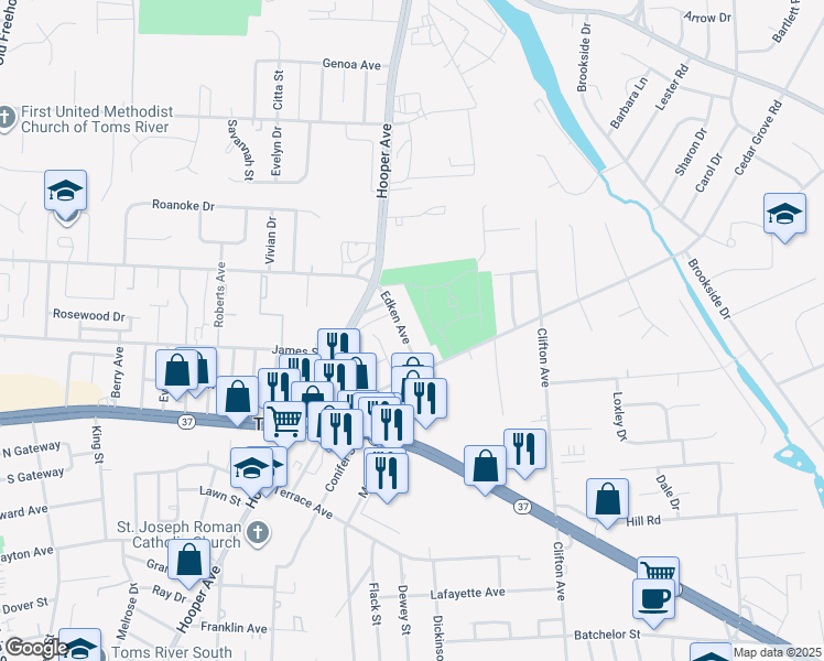 map of restaurants, bars, coffee shops, grocery stores, and more near 411 Edken Avenue in Toms River
