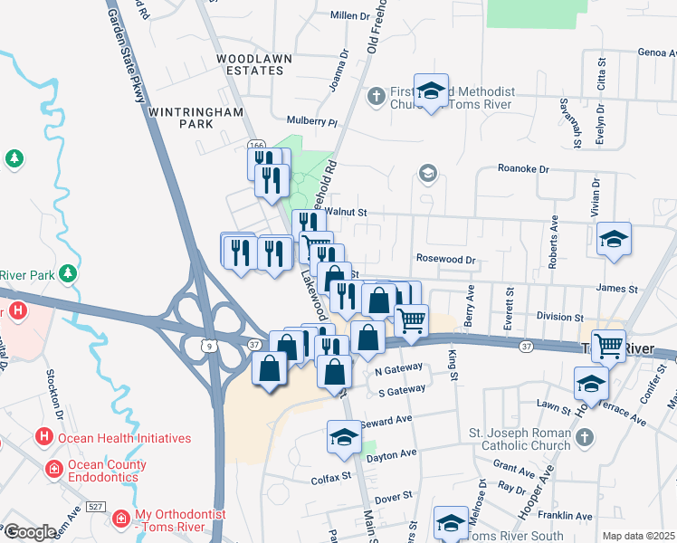 map of restaurants, bars, coffee shops, grocery stores, and more near 22 James Street in Toms River