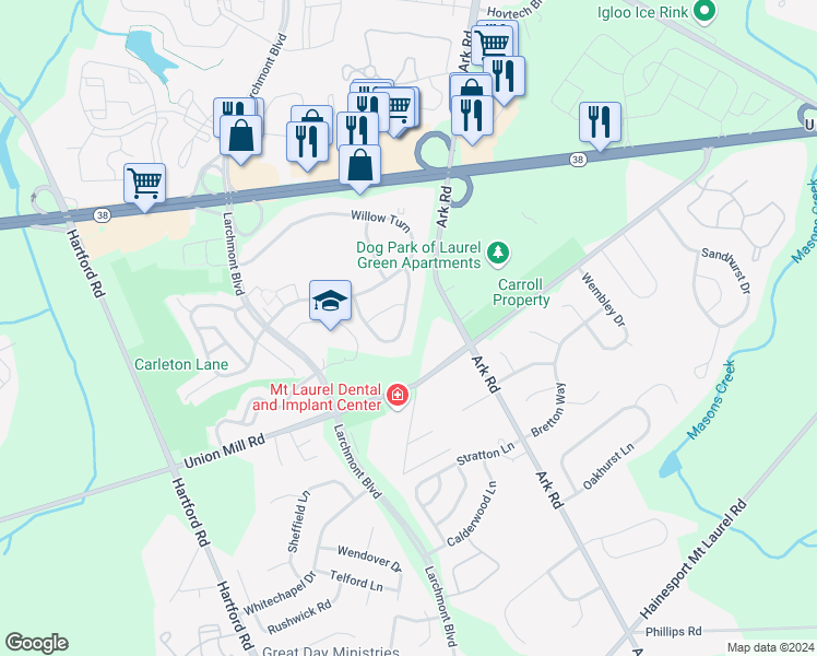 map of restaurants, bars, coffee shops, grocery stores, and more near 313B Delancey Place in Mount Laurel Township