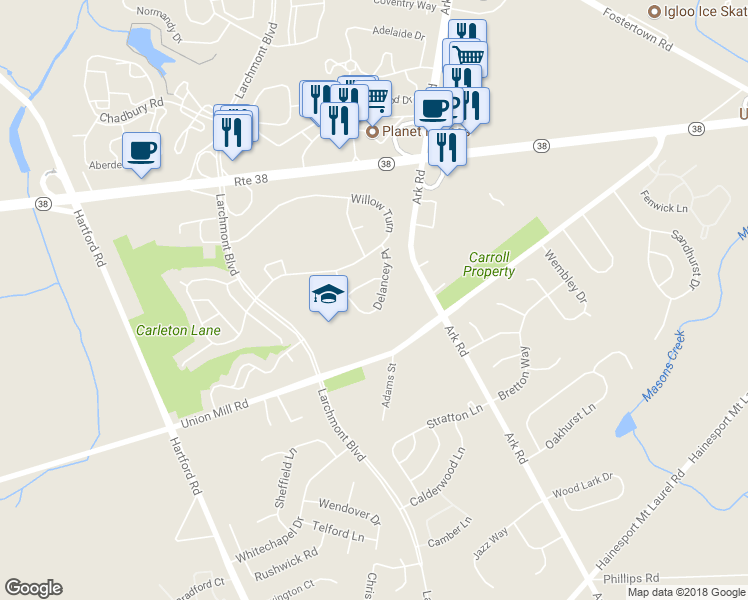 map of restaurants, bars, coffee shops, grocery stores, and more near 313B Delancey Place in Mount Laurel Township