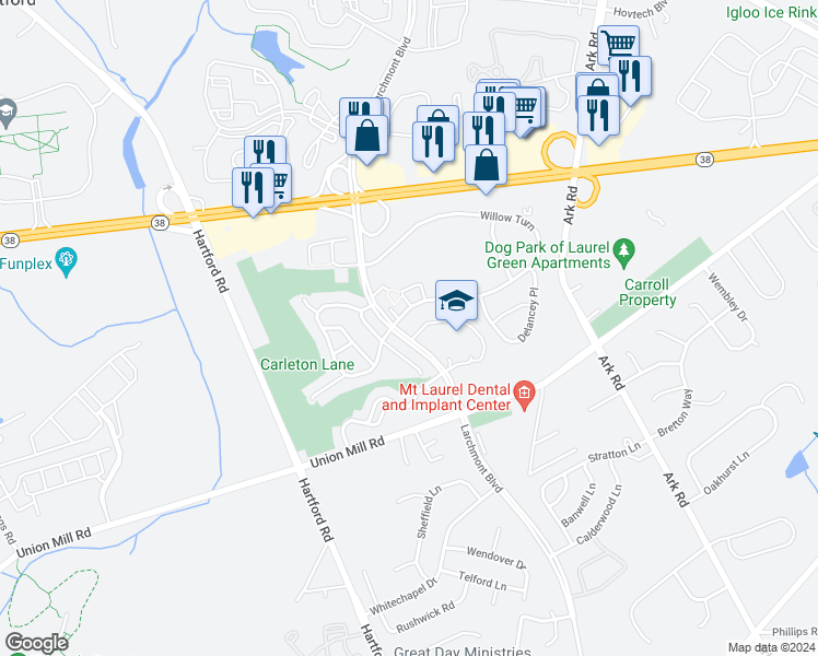 map of restaurants, bars, coffee shops, grocery stores, and more near 438B Willow Turn in Mount Laurel Township