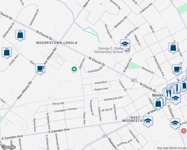 map of restaurants, bars, coffee shops, grocery stores, and more near 415 Glen Avenue in Moorestown