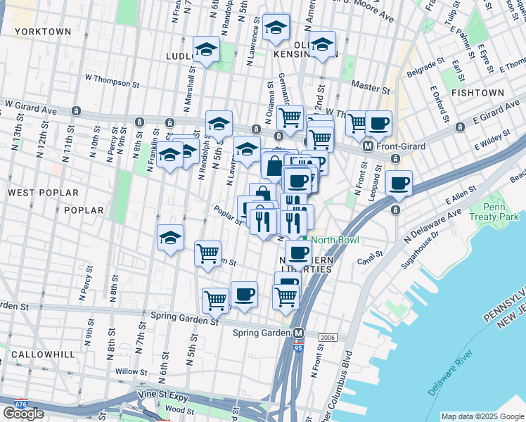 map of restaurants, bars, coffee shops, grocery stores, and more near 934 North 3rd Street in Philadelphia