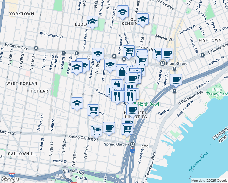 map of restaurants, bars, coffee shops, grocery stores, and more near 951 North Orianna Street in Philadelphia