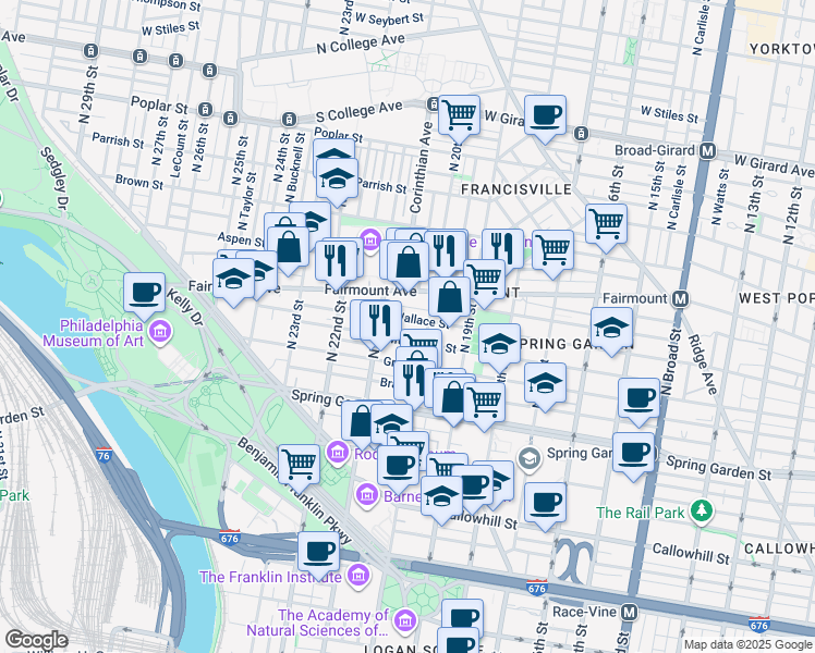 map of restaurants, bars, coffee shops, grocery stores, and more near 2011 Mount Vernon Street in Philadelphia