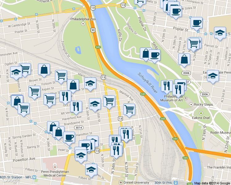 map of restaurants, bars, coffee shops, grocery stores, and more near in Philadelphia