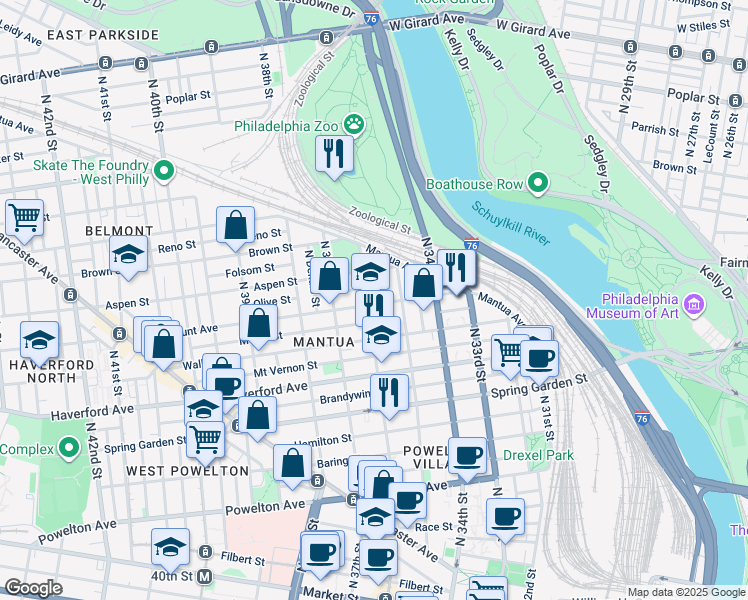 map of restaurants, bars, coffee shops, grocery stores, and more near 3516 Mount Vernon Street in Philadelphia
