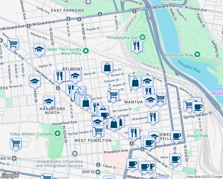 map of restaurants, bars, coffee shops, grocery stores, and more near 3860 Olive Street in Philadelphia