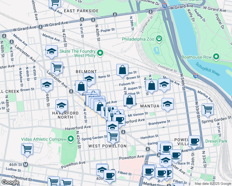 map of restaurants, bars, coffee shops, grocery stores, and more near 700 North 39th Street in Philadelphia