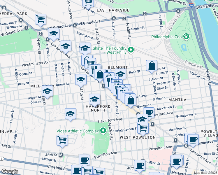 map of restaurants, bars, coffee shops, grocery stores, and more near 4128 Lancaster Avenue in Philadelphia