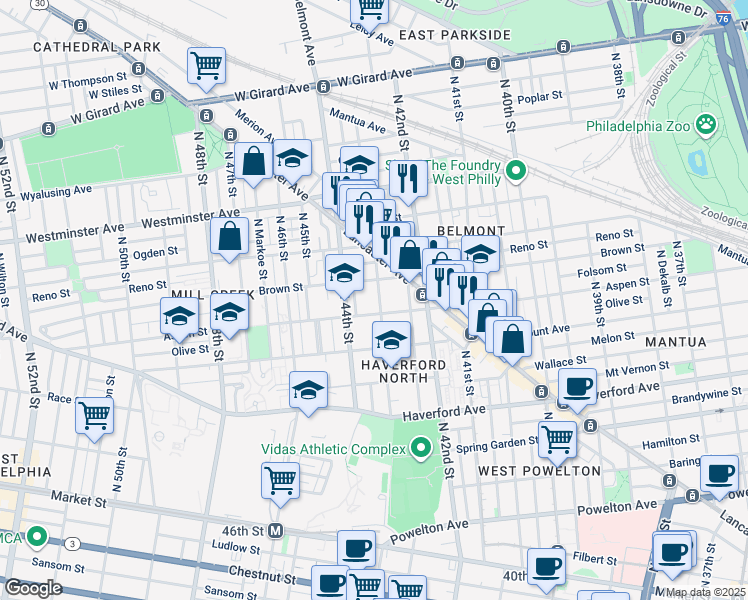 map of restaurants, bars, coffee shops, grocery stores, and more near 4317 Aspen Street in Philadelphia