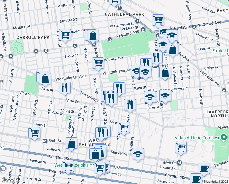 map of restaurants, bars, coffee shops, grocery stores, and more near 5137 Funston Street in Philadelphia