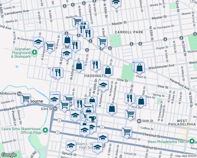 map of restaurants, bars, coffee shops, grocery stores, and more near 230 North 60th Street in Philadelphia